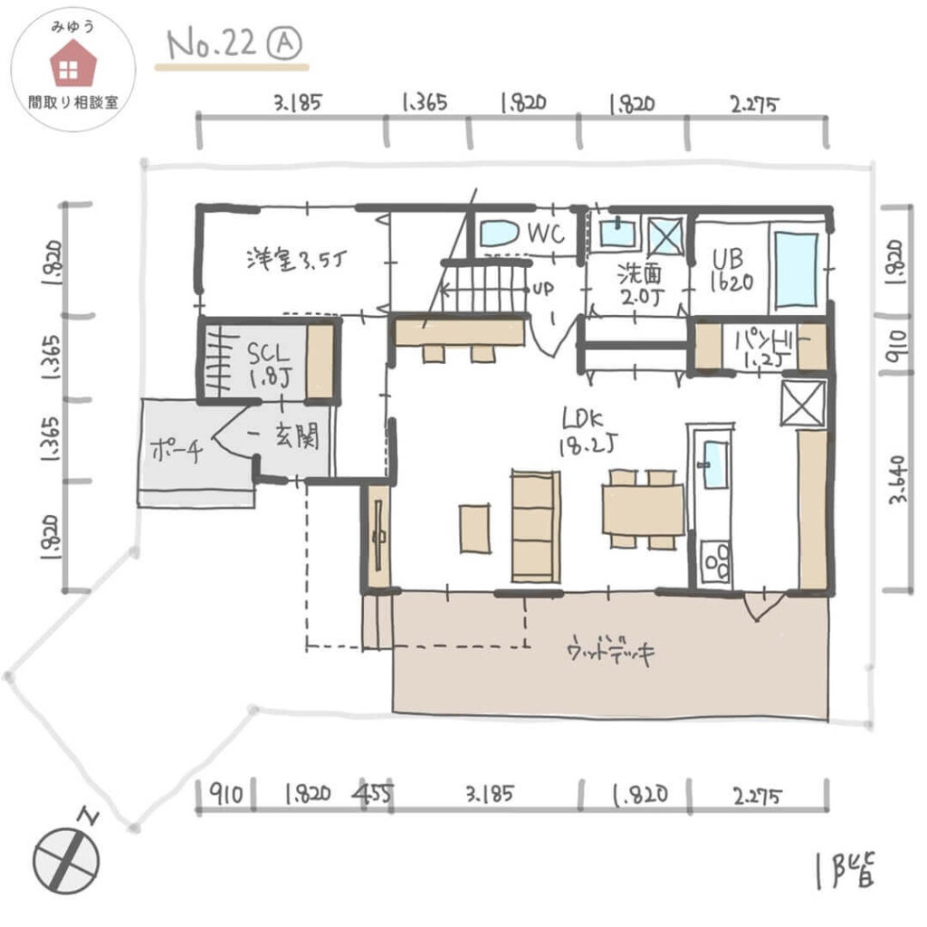 子供室が３室ある、吹抜けリビングのある間取り【34坪5LDK2階建】No.22A-寸法有1階