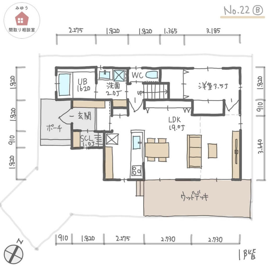 吹抜けとウッドデッキがある居心地の良い間取り【34坪5LDK2階建】No.22B-寸法有1階