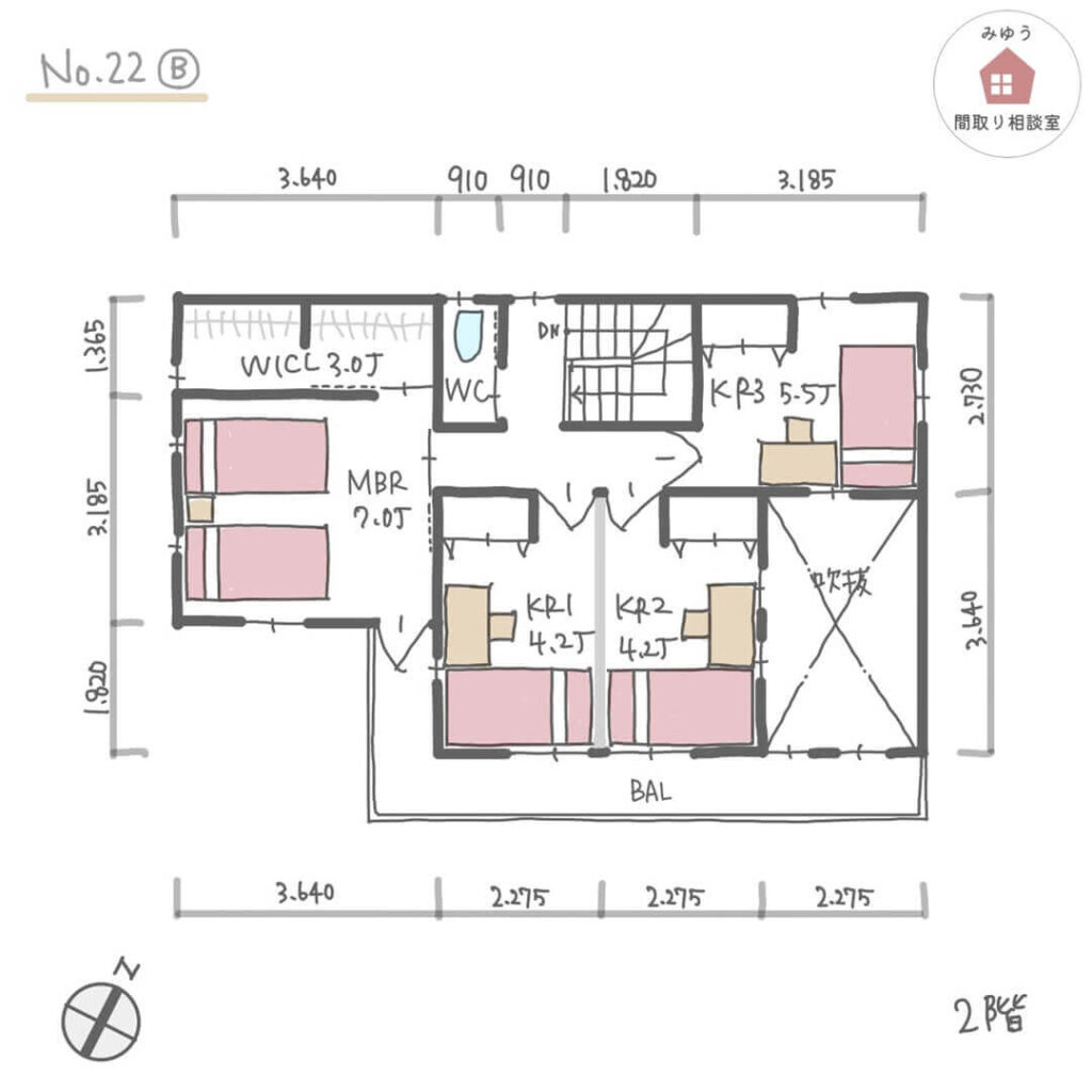 吹抜けとウッドデッキがある居心地の良い間取り【34坪5LDK2階建】No.22B-寸法有2階