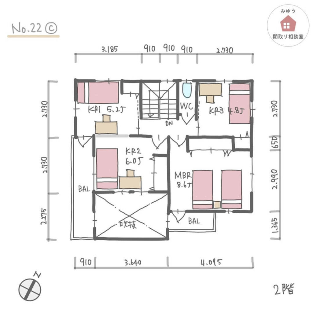 必要な場所に収納がある片付けやすい間取り【31坪5LDK2階建】No.22C-寸法有2階