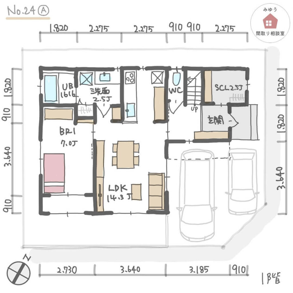 洗濯物室内干しがしやすい完全同居型二世帯住宅の間取り【35坪4LDK2階建】No.24A-寸法有1階