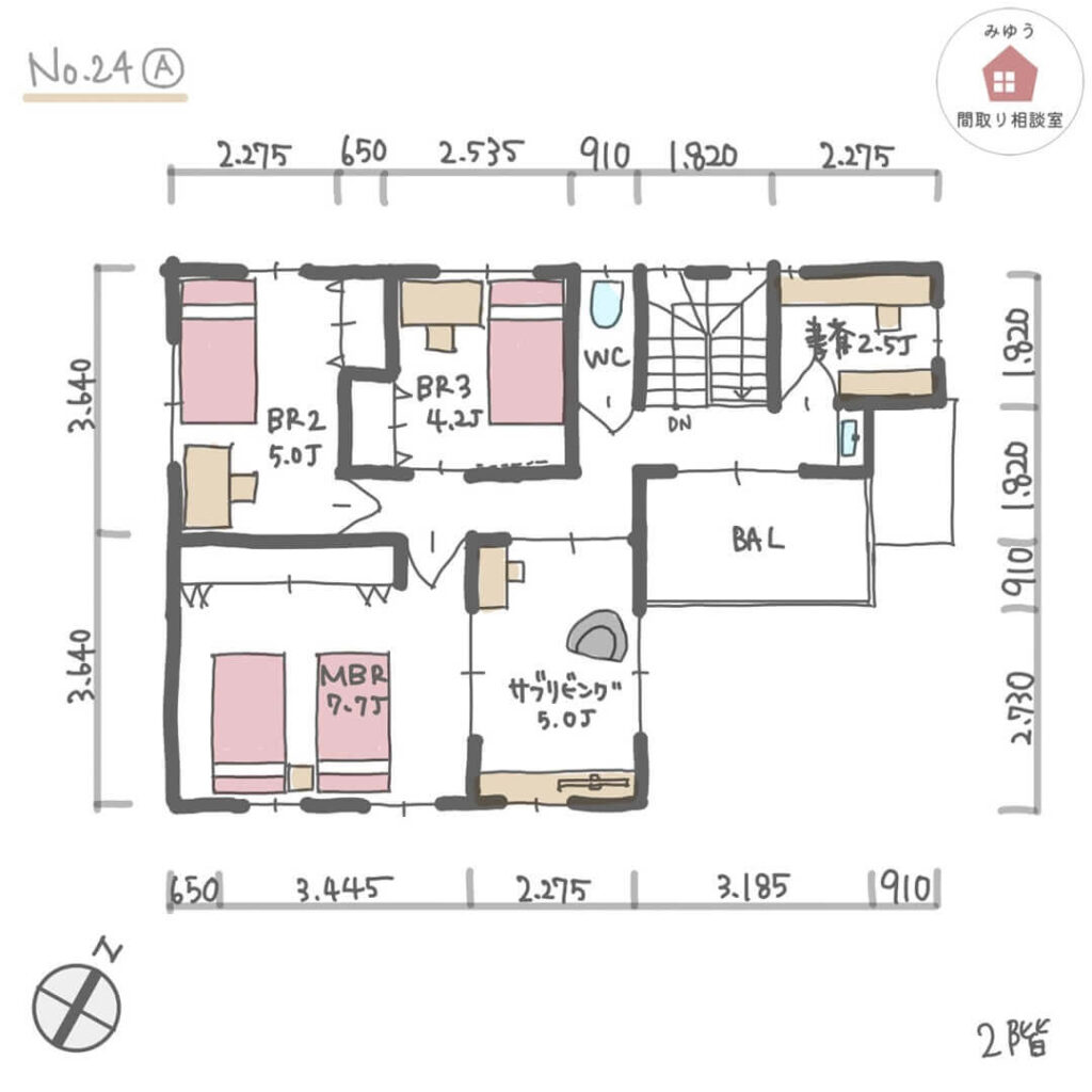 洗濯物室内干しがしやすい完全同居型二世帯住宅の間取り【35坪4LDK2階建】No.24A-寸法有2階