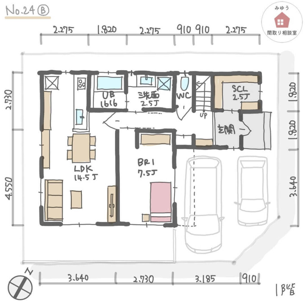 完全同居型二世帯住宅のプライバシー確保しやすい間取り【35坪4LDK２階建】No.24B-寸法有1階