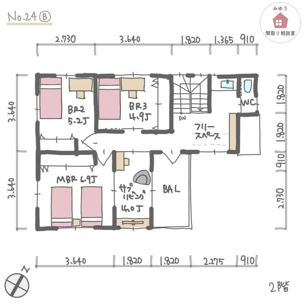 完全同居型二世帯住宅のプライバシー確保しやすい間取り【35坪4LDK２階建】No.24B-寸法有2階