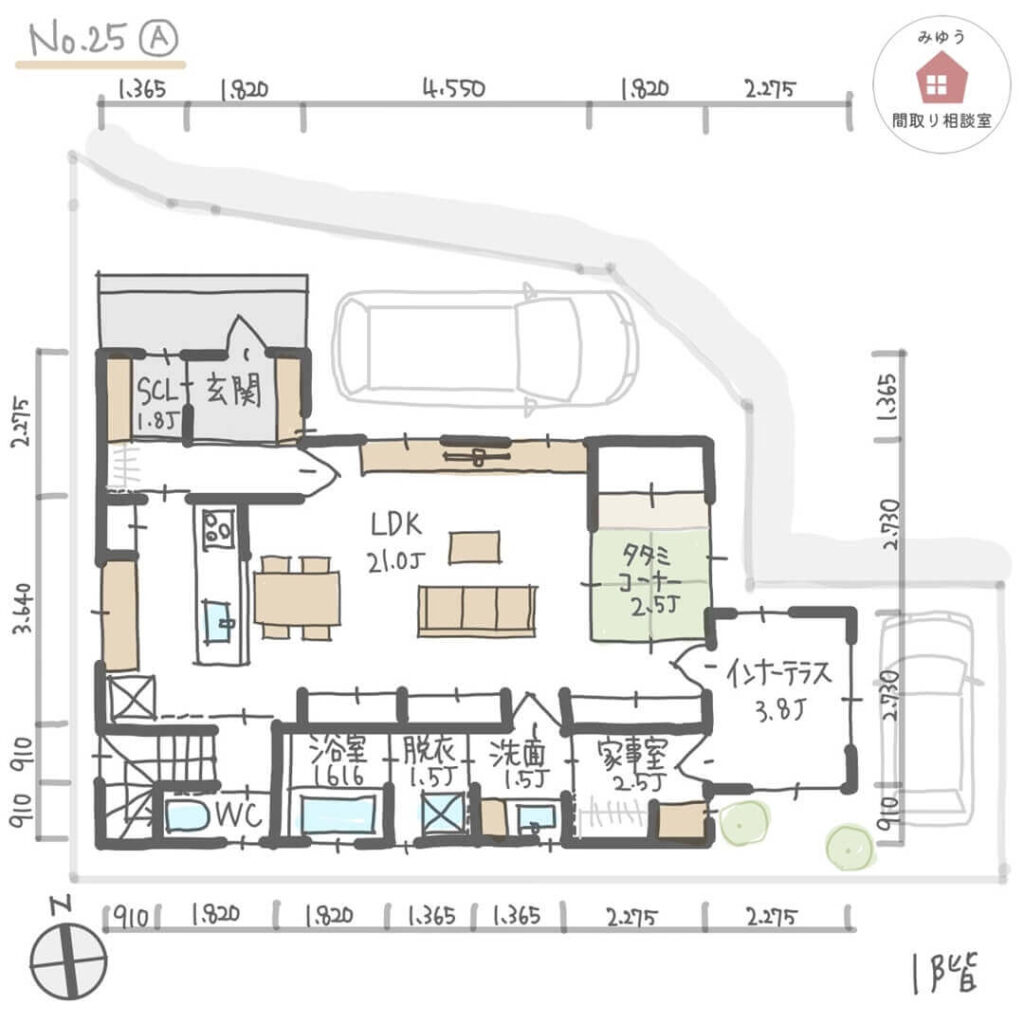 家事育児がしやすい間取りの家【40坪3LDK2階建】No.25A-寸法有1階