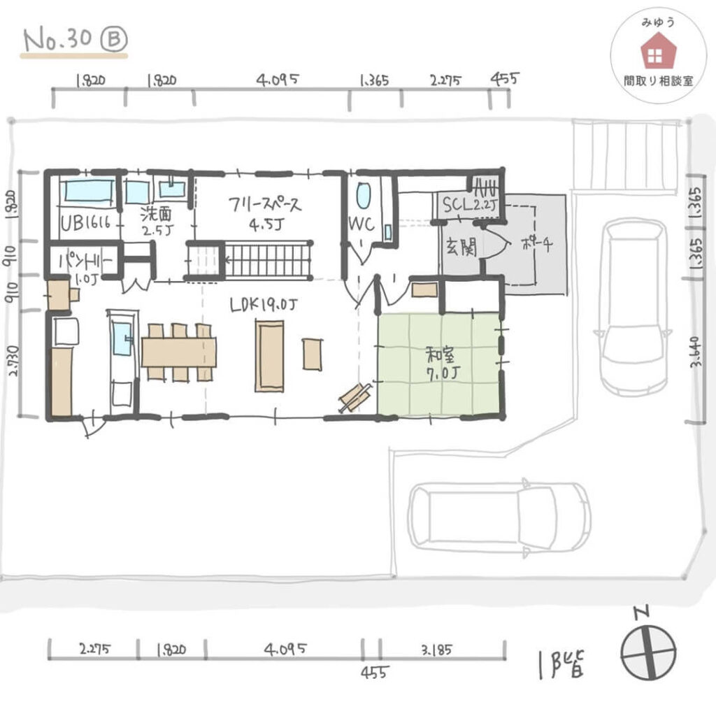 家事動線の良い二世帯住宅の間取り【35坪3LDK2階建】No.30B-寸法有1階