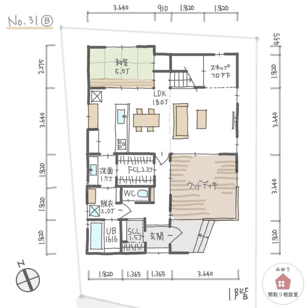 ウッドデッキのある洗濯動線の良い間取り【35坪4LDK2階建】No.31B-寸法有1階