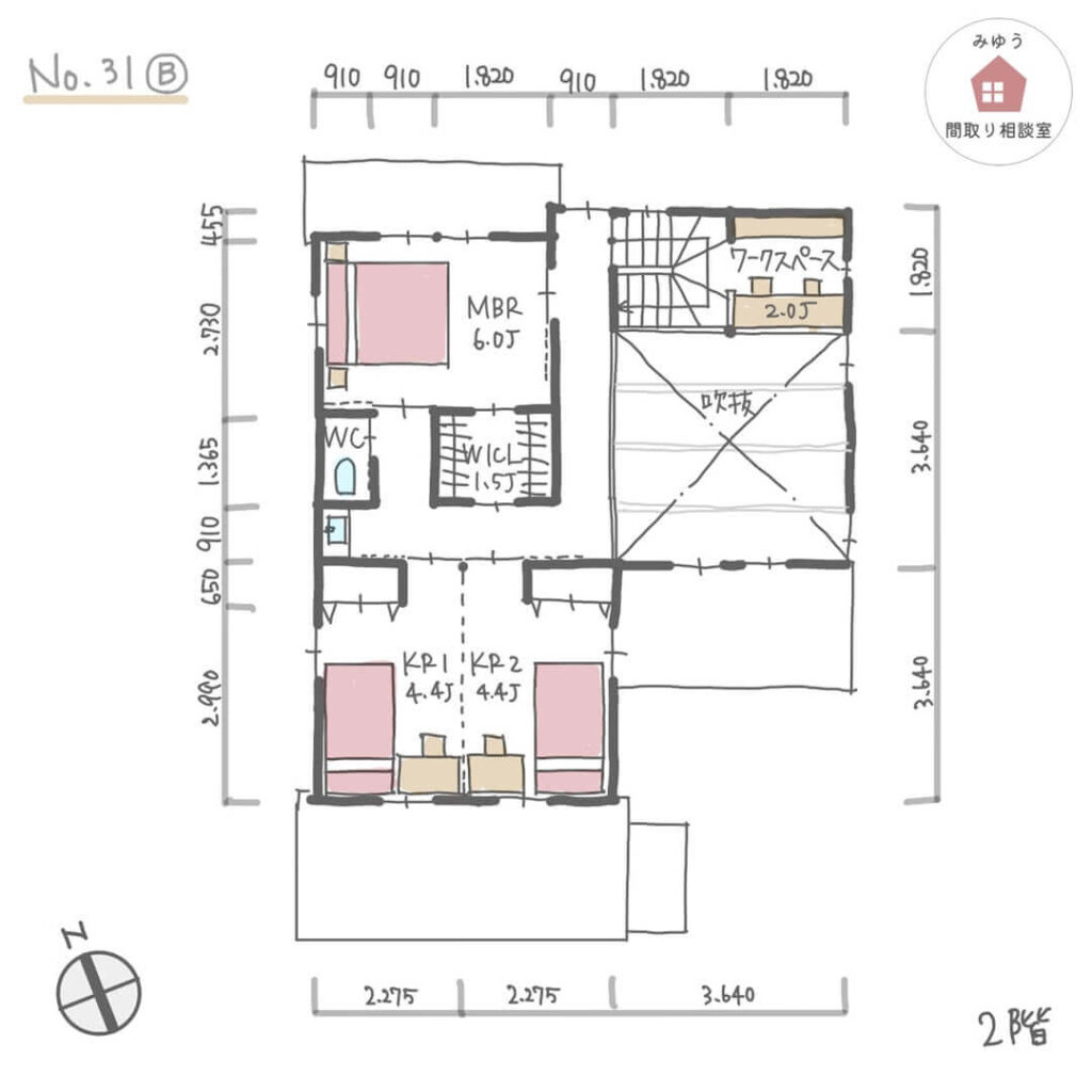 ウッドデッキのある洗濯動線の良い間取り【35坪4LDK2階建】No.31B-寸法有2階