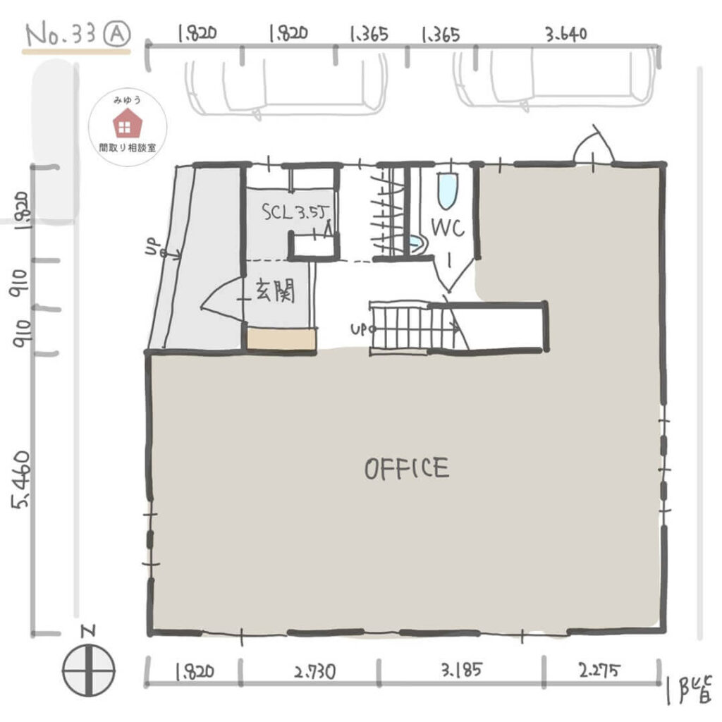 １階にオフィスがある家事ラク回遊動線の間取り【32坪3LDK2階建】No.33A-寸法有1階