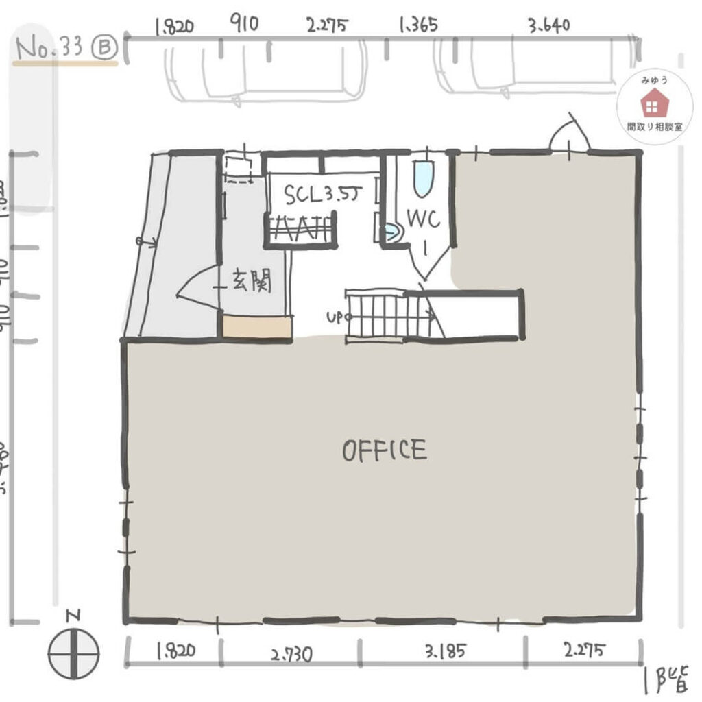 家に居場所が複数ある、洗濯動線の良い間取り【32坪3LDK2階建】No.33B-寸法有1階