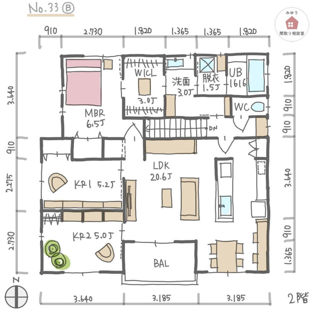 家に居場所が複数ある、洗濯動線の良い間取り【32坪3LDK2階建】No.33B-寸法有2階