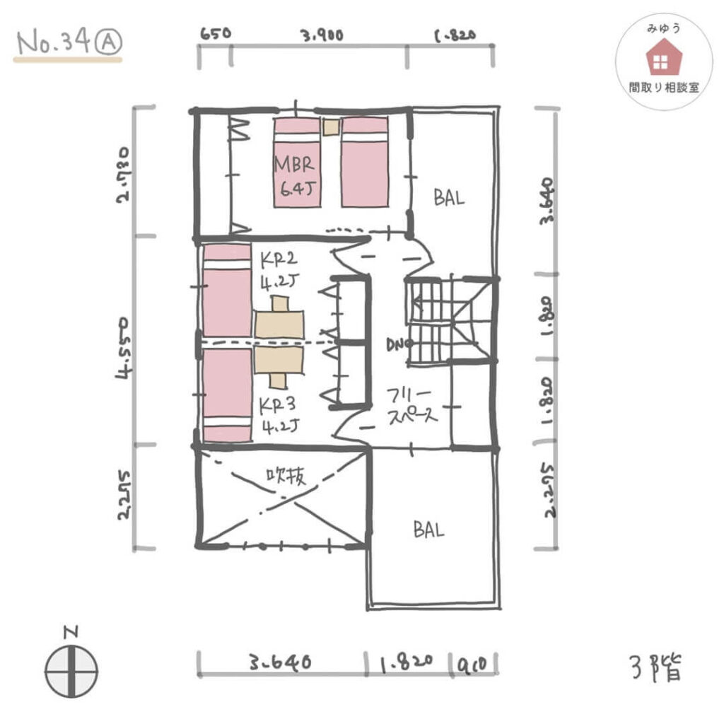 吹抜けとスキップフロアのある３階建ての間取り【49坪5LDK3階建】No.34A-寸法有3階