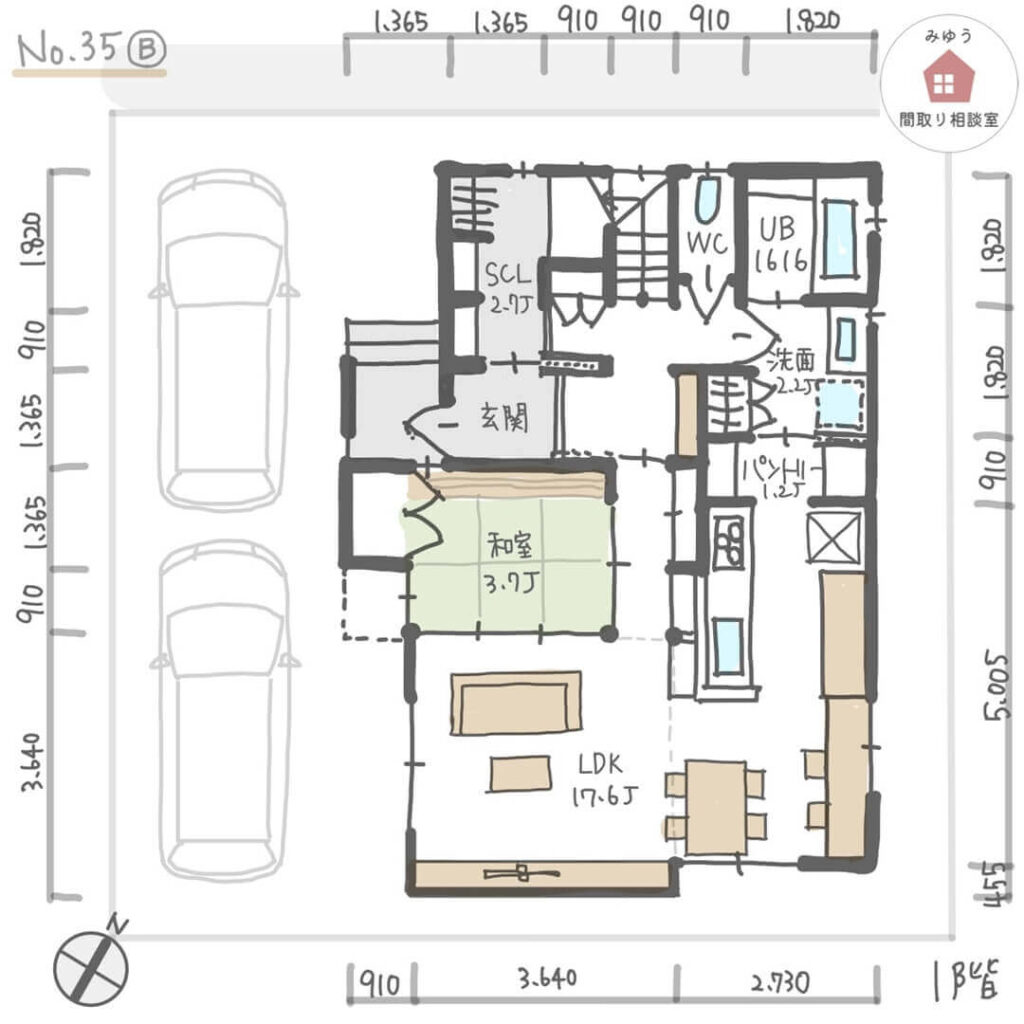 回遊できる家事動線の良い間取り【32坪4LDK2階建】No.35B-寸法有1階