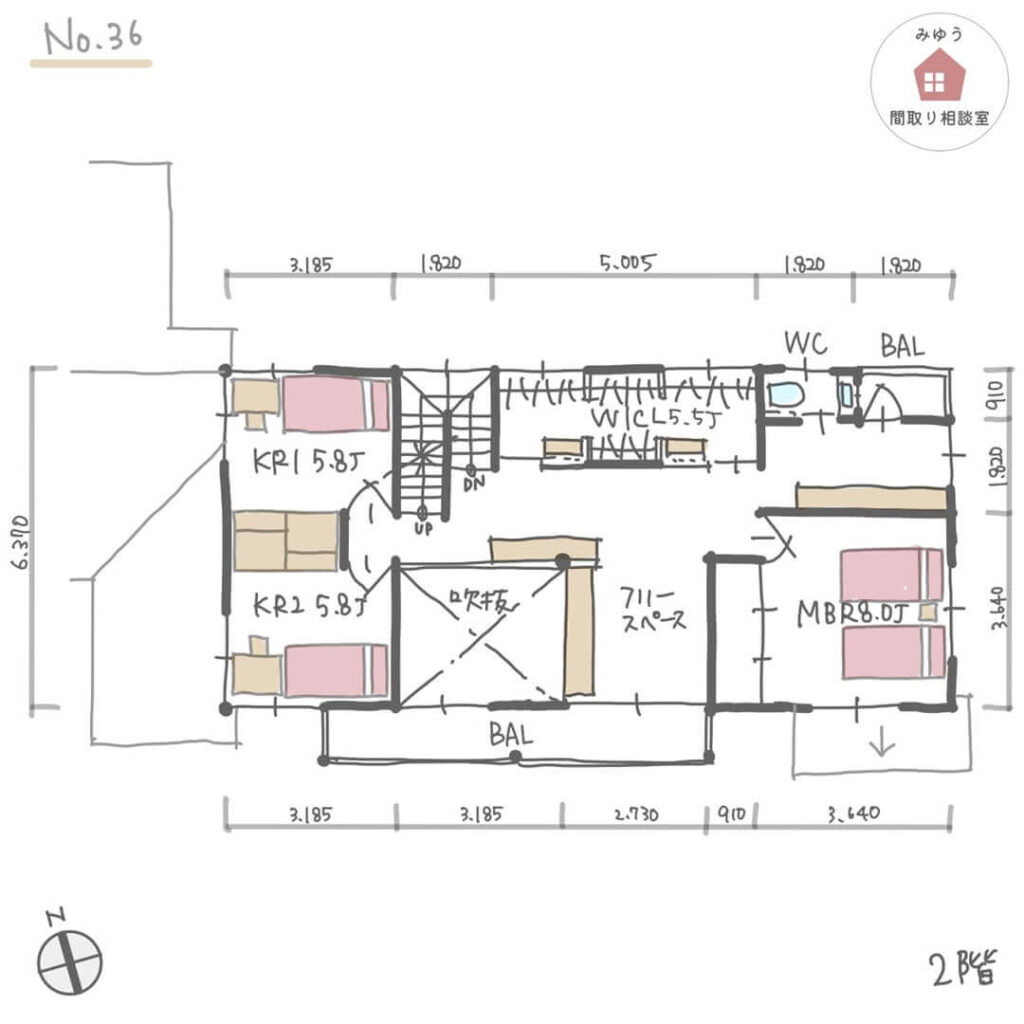 景色や読書時間を楽しめる居心地の良い間取りの家【53坪4LDK2階建】No.36-寸法有2階