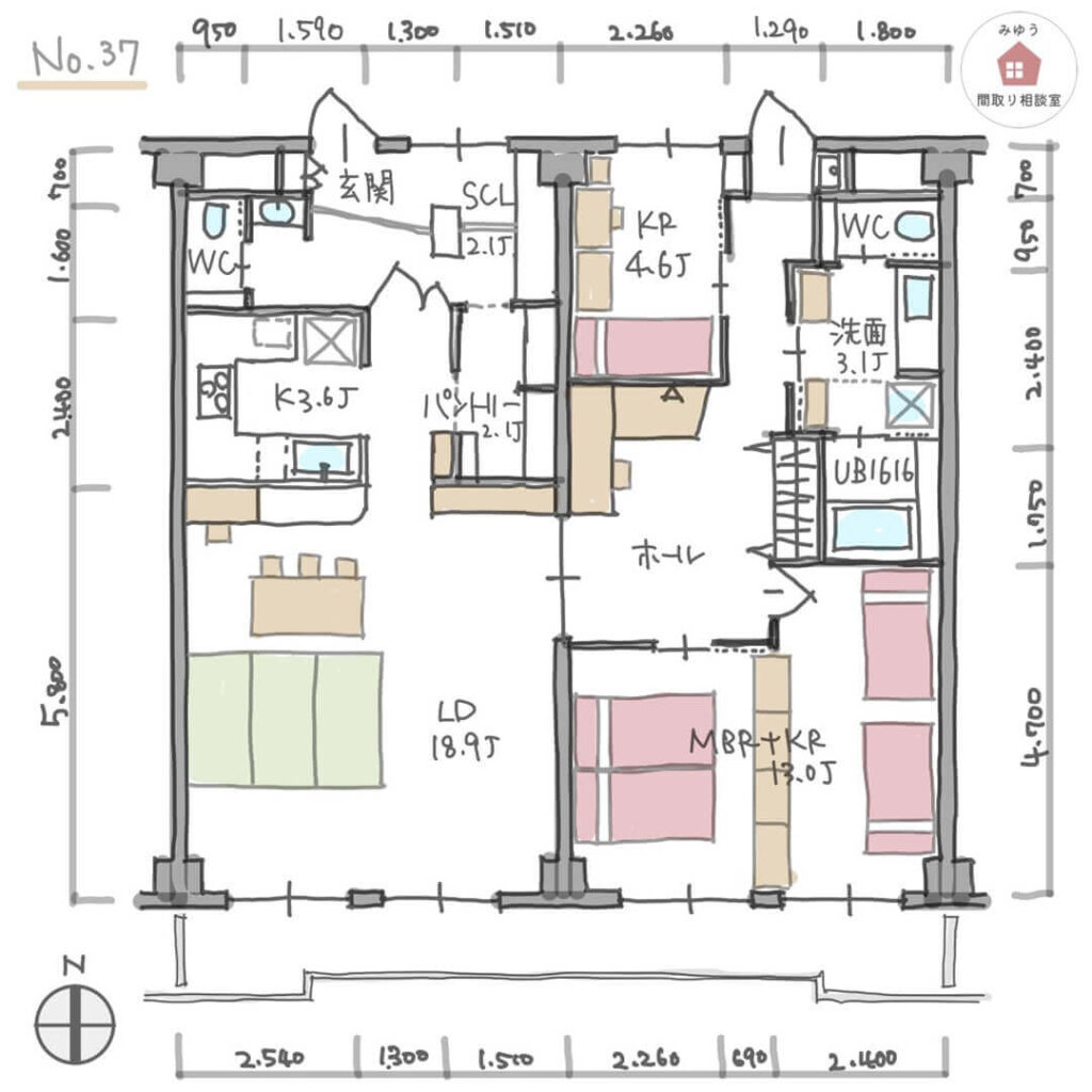 変化に対応できる間取りのマンションリノベーション【33坪3LDK】No.37-寸法有