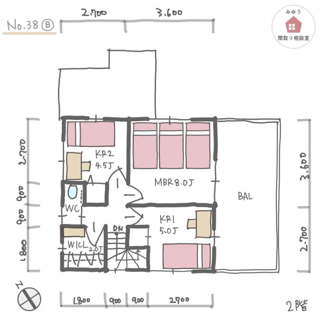 シューズクロークのある帰宅動線の良い間取り【29坪3LDK2階建】No.38B-寸法有2階