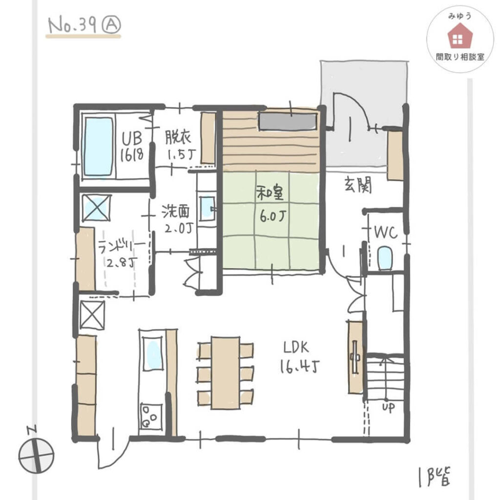 キッチンの隣に家事室がある家事ラク動線の間取り【33坪4LDK2階建】No.39A-1階