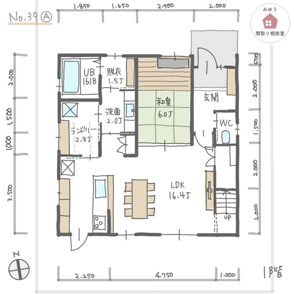 キッチンの隣に家事室がある家事ラク動線の間取り【33坪4LDK2階建】No.39A-寸法有1階