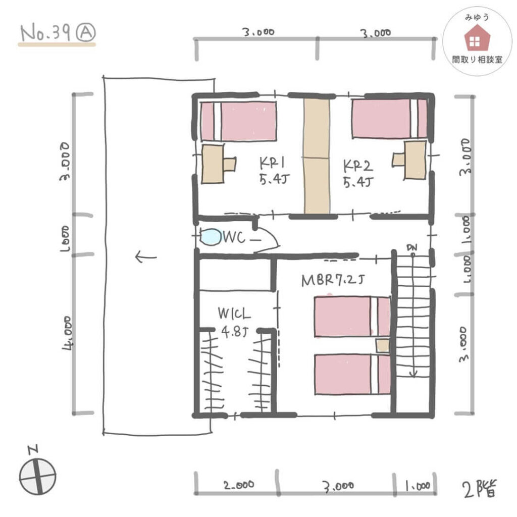 キッチンの隣に家事室がある家事ラク動線の間取り【33坪4LDK2階建】No.39A-寸法有2階