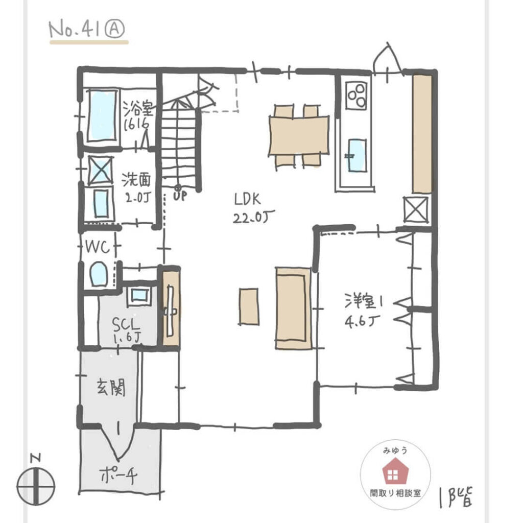 ２階に個室３室とゲストルームを設けた間取り【34坪5LDK2階建】No.41A-1階