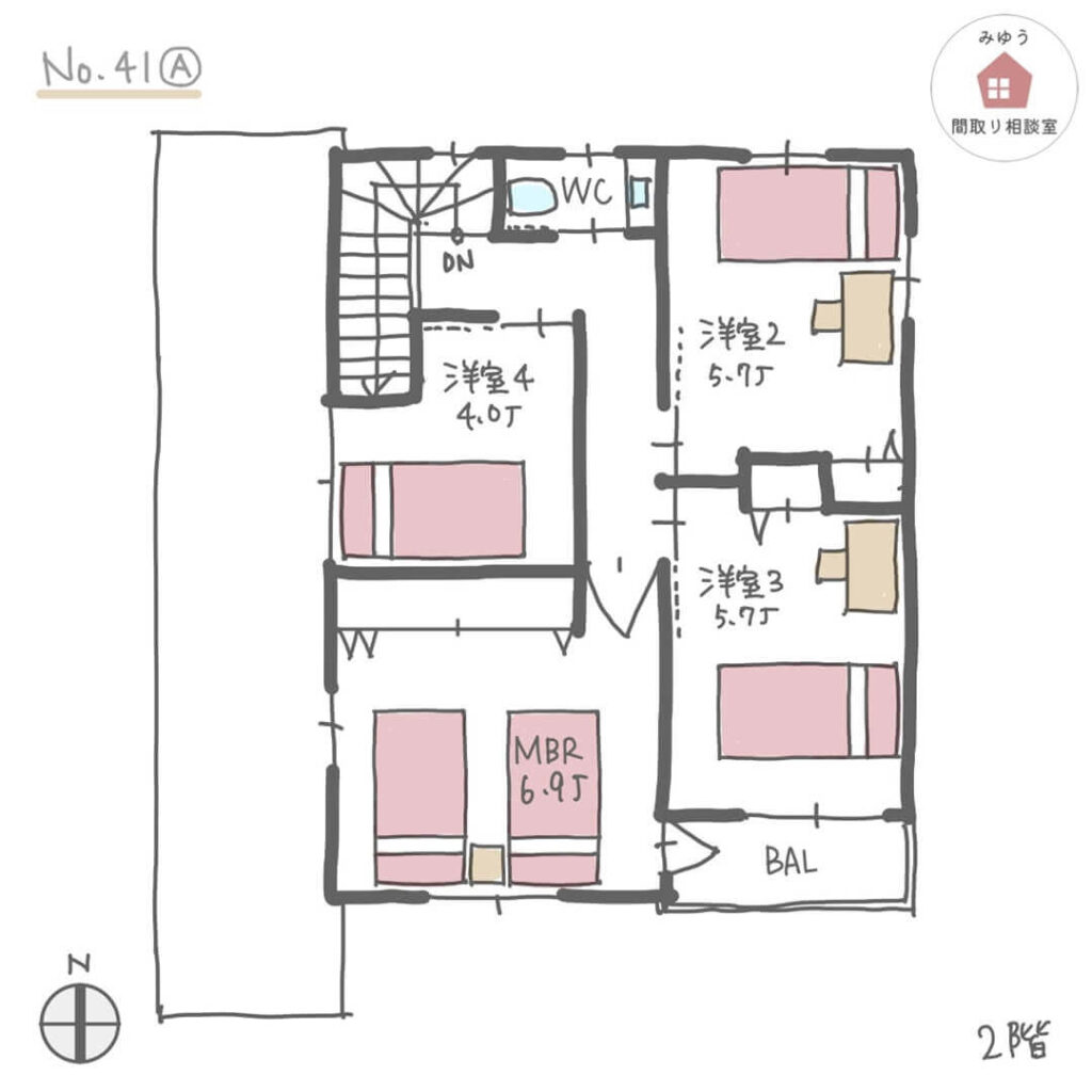 ２階に個室３室とゲストルームを設けた間取り【34坪5LDK2階建】No.41A-2階