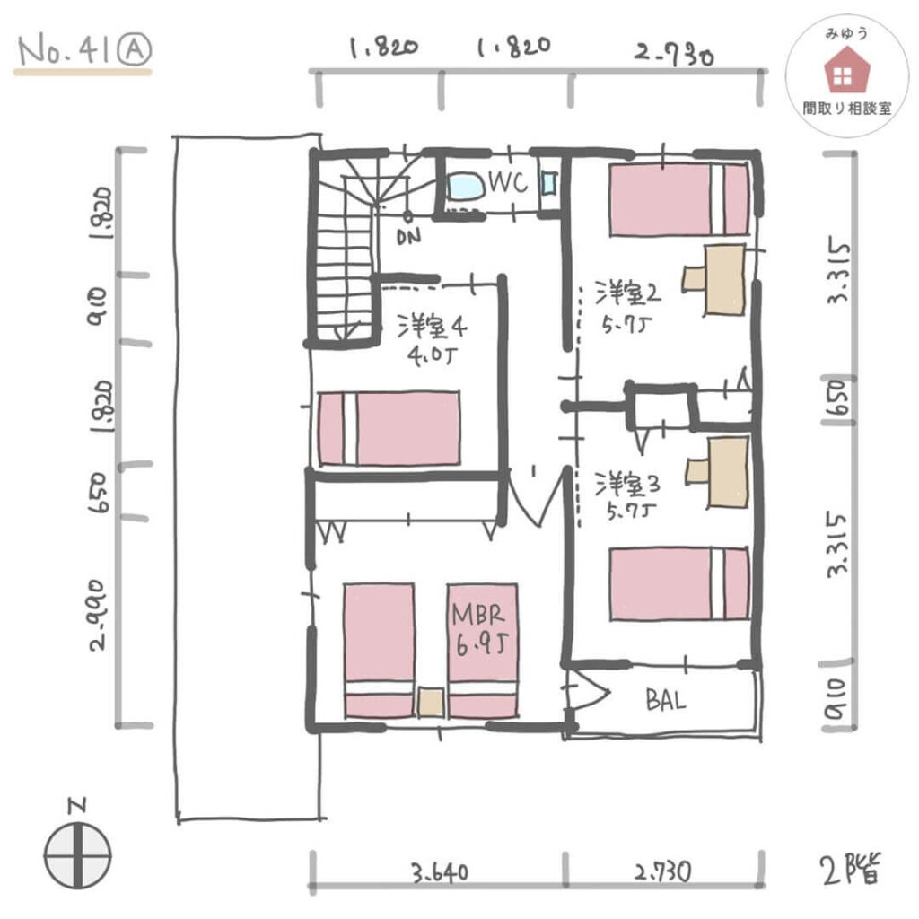 ２階に個室３室とゲストルームを設けた間取り【34坪5LDK2階建】No.41A-寸法有2階