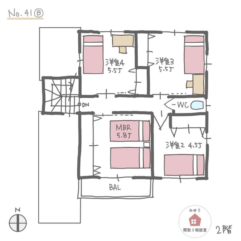 広めの玄関土間収納がある廊下が少ない間取り【34坪5LDK2階建】No.41B-2階