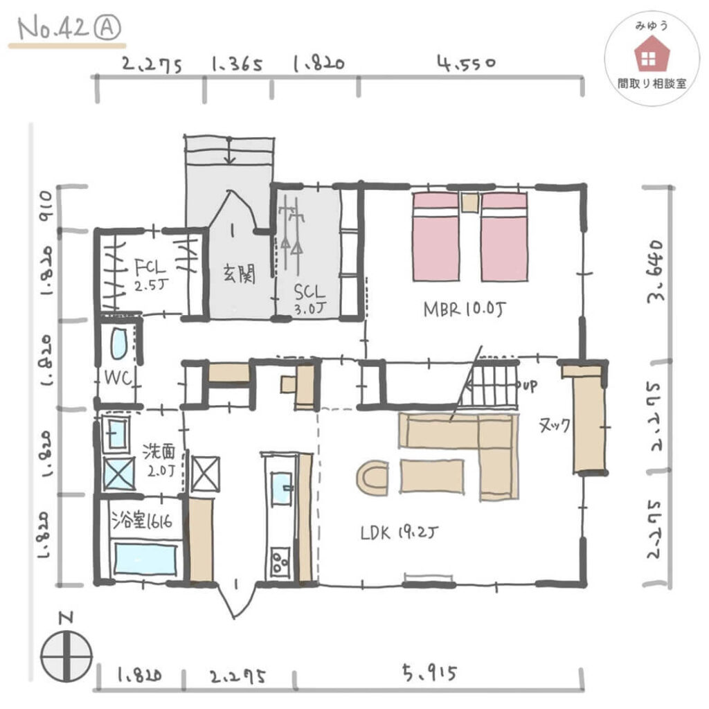 庭を眺める吹抜けリビングとリーディングヌックのある間取り【30坪2LDK2階建】No.42A-寸法有1階