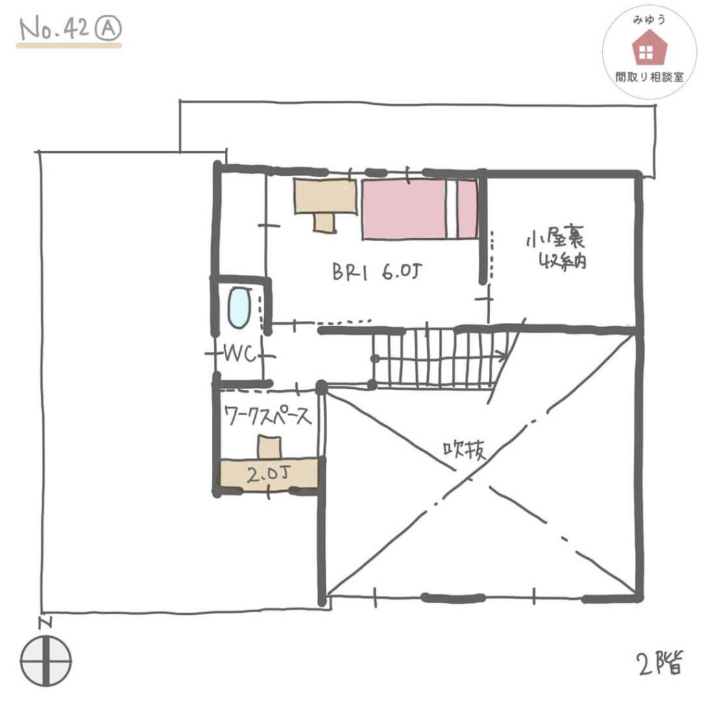 庭を眺める吹抜けリビングとリーディングヌックのある間取り【30坪2LDK2階建】No.42A-2階