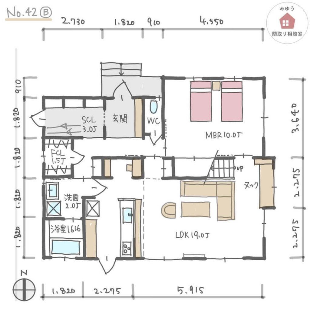 自転車を置ける玄関収納のある間取り【30坪2LDK2階建】No.42B-寸法有1階