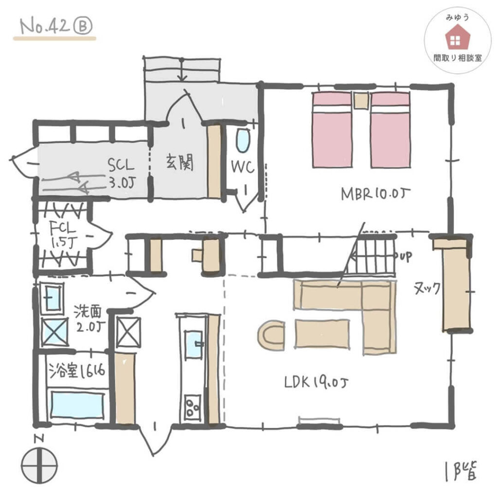 自転車を置ける玄関収納のある間取り【30坪2LDK2階建】No.42B-1階