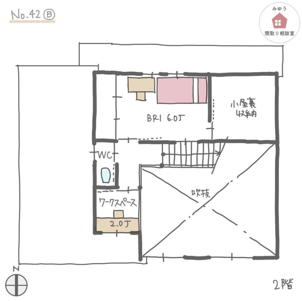 自転車を置ける玄関収納のある間取り【30坪2LDK2階建】No.42B-2階