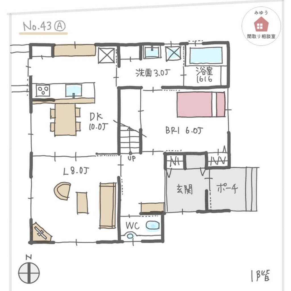 オフィスと書庫がある、回遊動線の家の間取り【30坪2LDK2階建】No.43A-1階