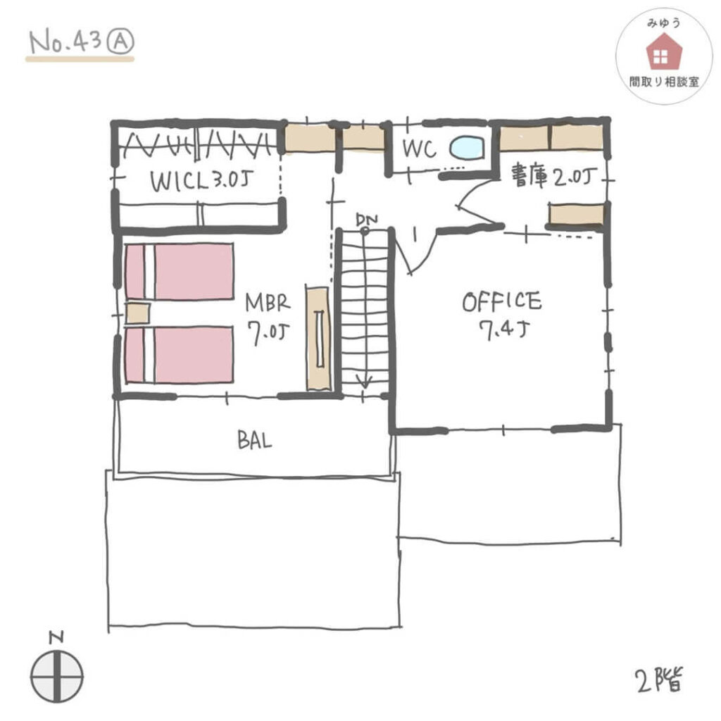 オフィスと書庫がある、回遊動線の家の間取り【30坪2LDK2階建】No.43A-2階