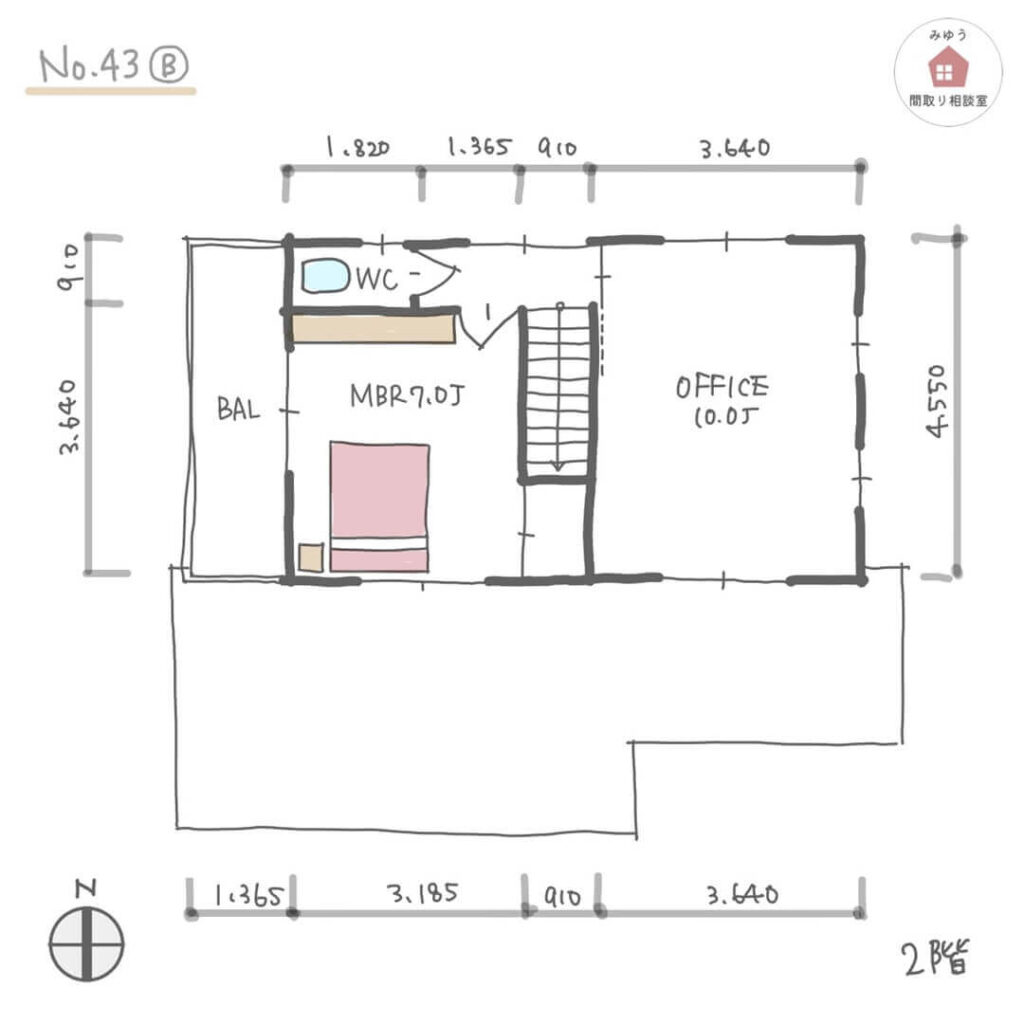 仕事のお客様を迎えられるリビングのある間取り【30坪2LDK2階建】No.43B-寸法有2階