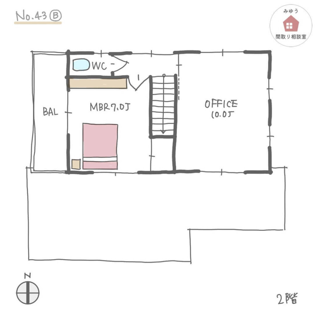 仕事のお客様を迎えられるリビングのある間取り【30坪2LDK2階建】No.43B-2階