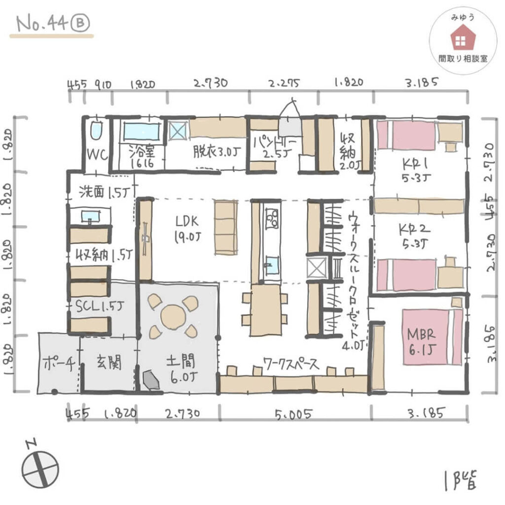 薪ストーブと土間リビングのある平屋建の間取り【35坪3LDK平屋建】No.44B-寸法有1階