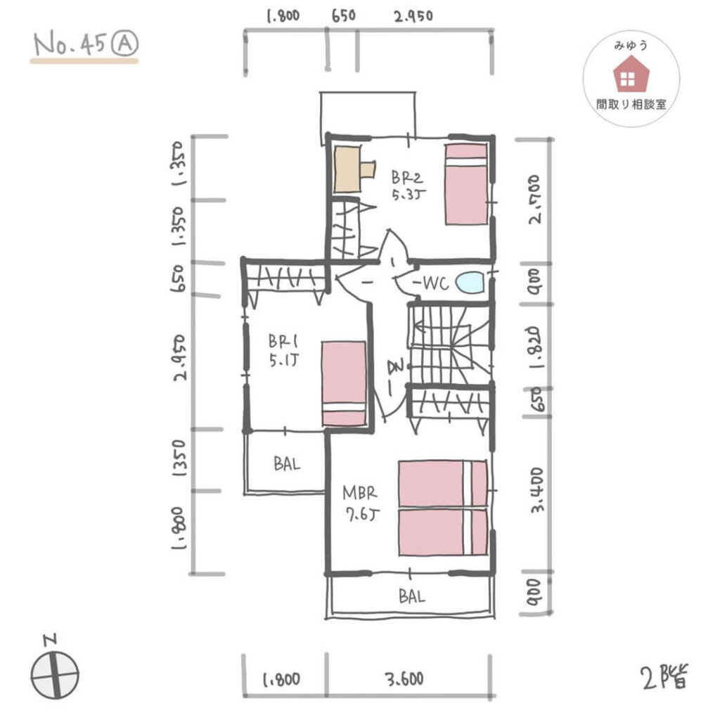 キッチンと洗面所が近い、家事動線の良い25坪の間取り【25坪3LDK2階建】No.45A-寸法有2階