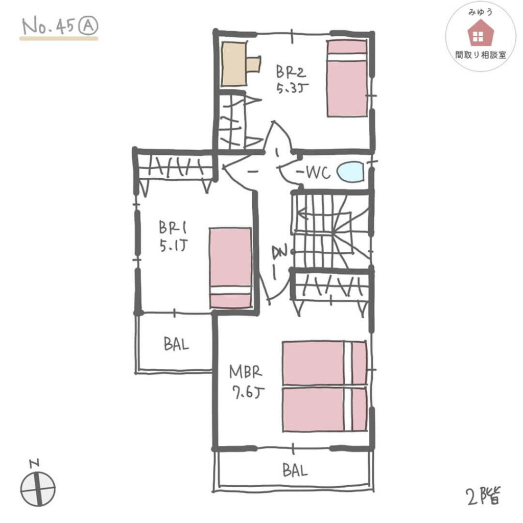 キッチンと洗面所が近い、家事動線の良い25坪の間取り【25坪3LDK2階建】No.45A-2階