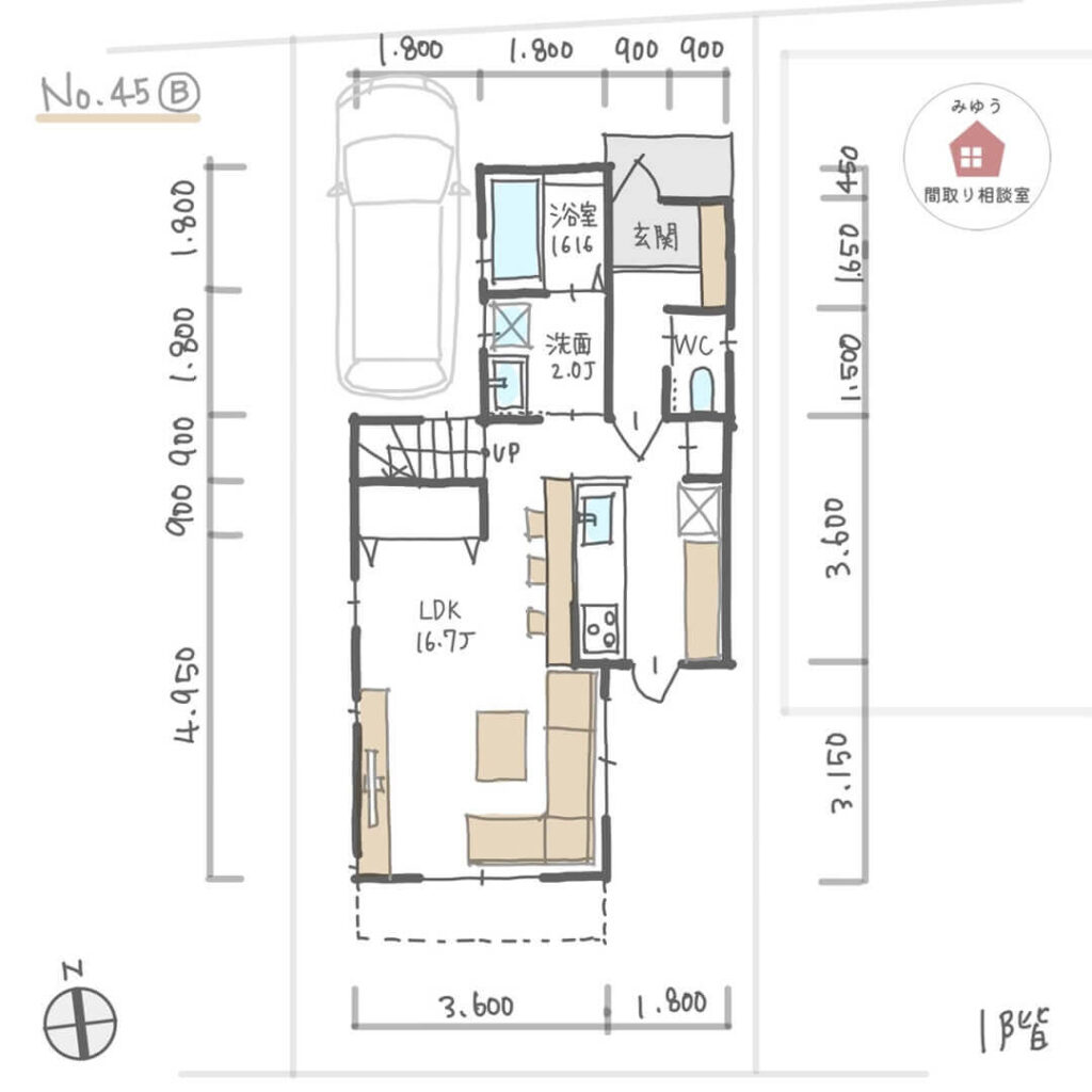 カウンターテーブルのある居心地の良い都市部の25坪の間取り【25坪3LDK2階建】No.45B-寸法有1階