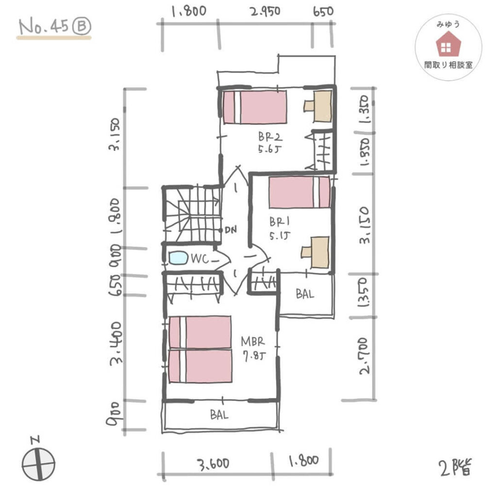 カウンターテーブルのある居心地の良い都市部の25坪の間取り【25坪3LDK2階建】No.45B-寸法有2階