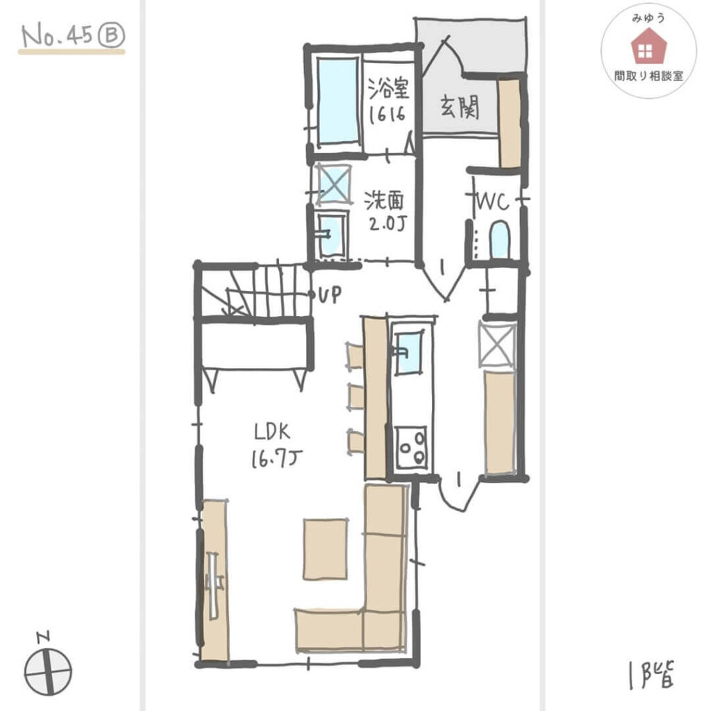 カウンターテーブルのある居心地の良い都市部の25坪の間取り【25坪3LDK2階建】No.45B-1階