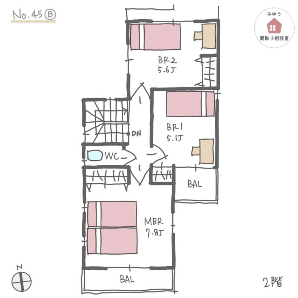 カウンターテーブルのある居心地の良い都市部の25坪の間取り【25坪3LDK2階建】No.45B-2階