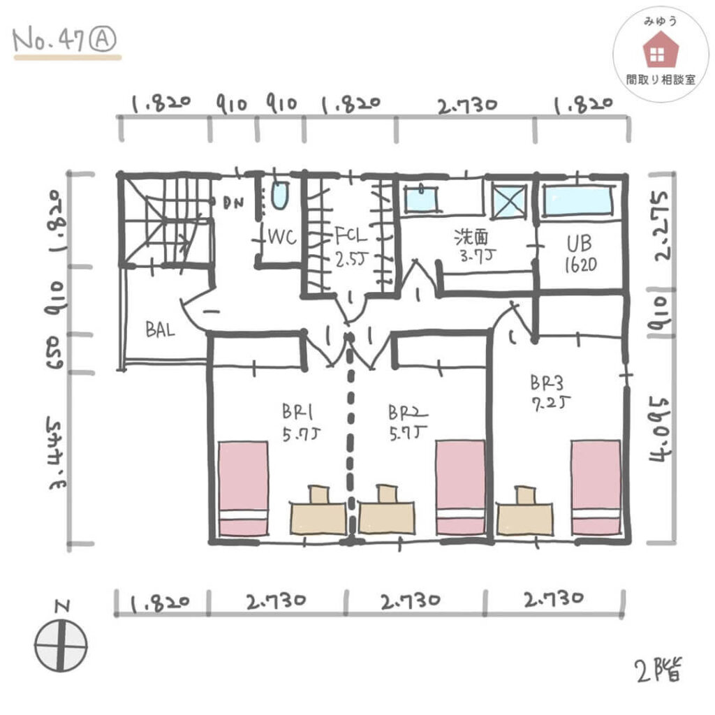 LDKに小上がりの畳スペースのある間取り【38坪3LDK2階建】No.47A-寸法有2階