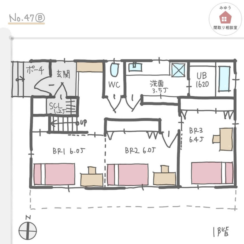 ２階に開放的なLDKとワークスペースのある間取り【38坪3LDK2階建】No.47B-1階