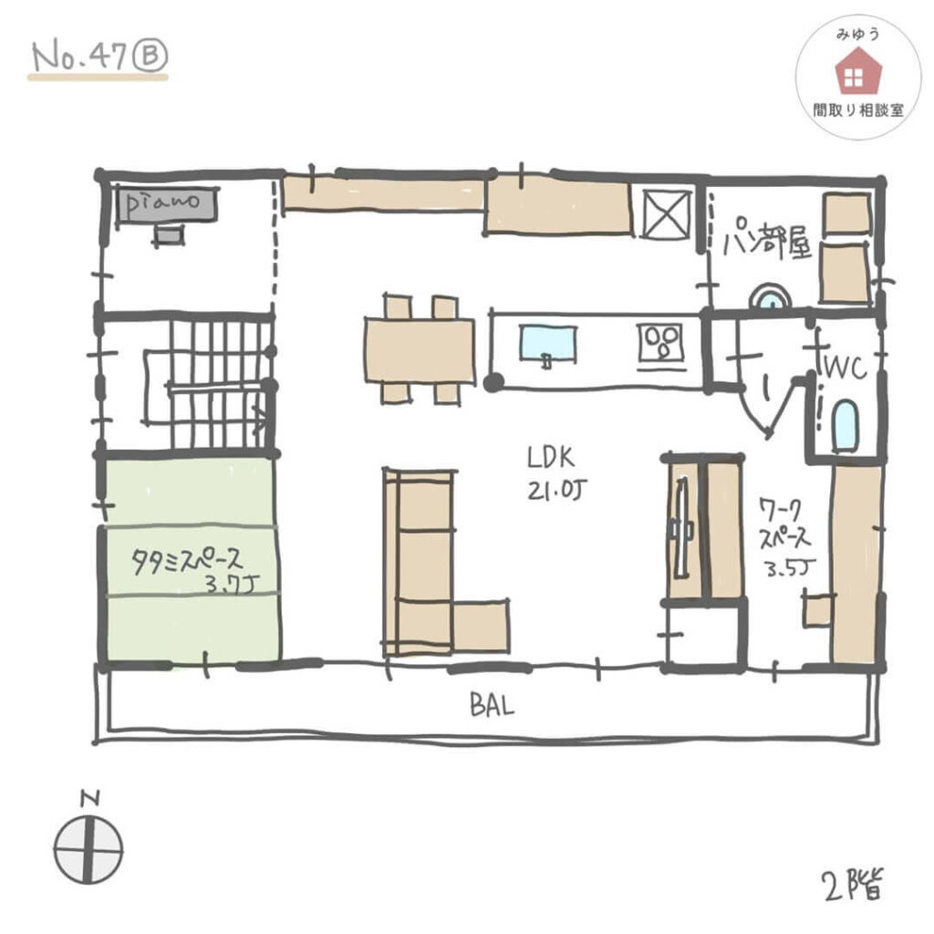 ２階に開放的なLDKとワークスペースのある間取り【38坪3LDK2階建】No.47B-2階