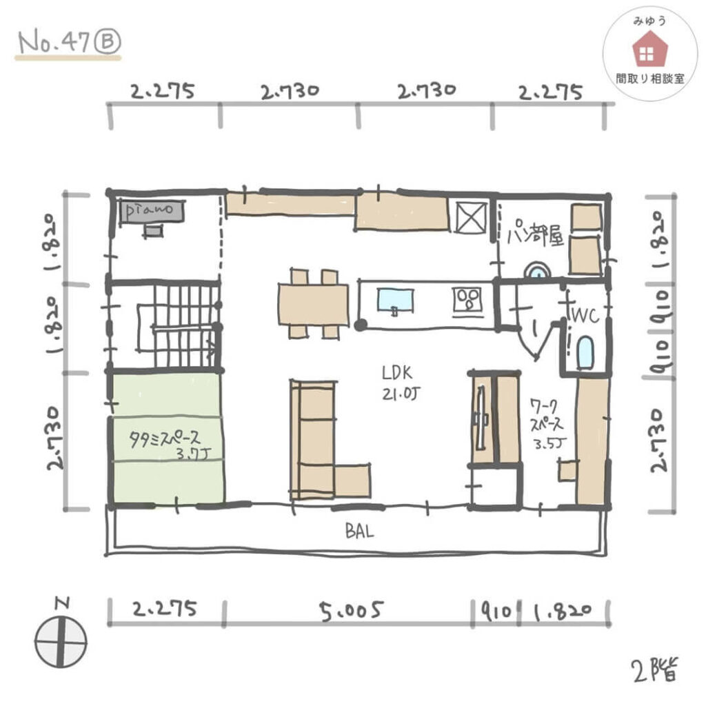 ２階に開放的なLDKとワークスペースのある間取り【38坪3LDK2階建】No.47B-寸法有2階