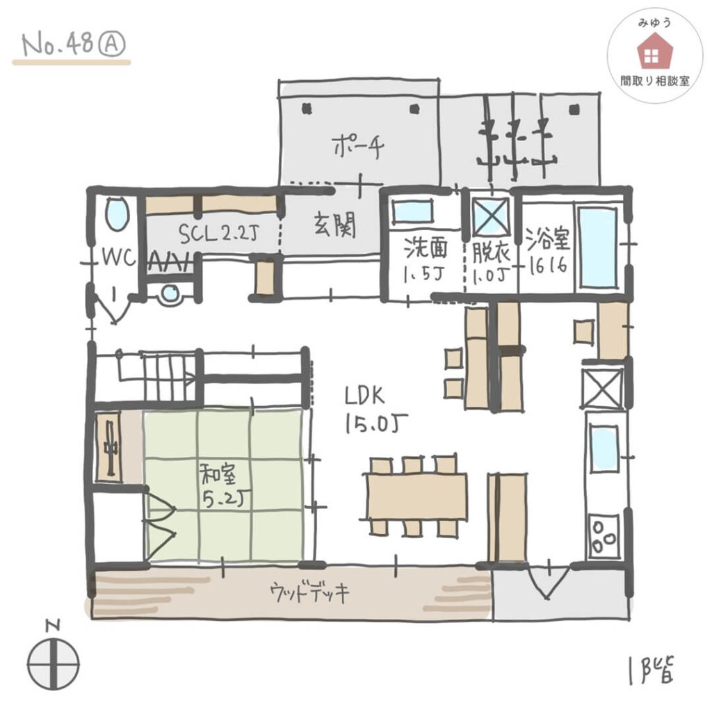 子どもの様子が見える家事室のある間取り【35坪5LDK2階建】No.48A-1階