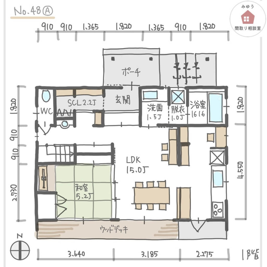 子どもの様子が見える家事室のある間取り【35坪5LDK2階建】No.48A-寸法有1階