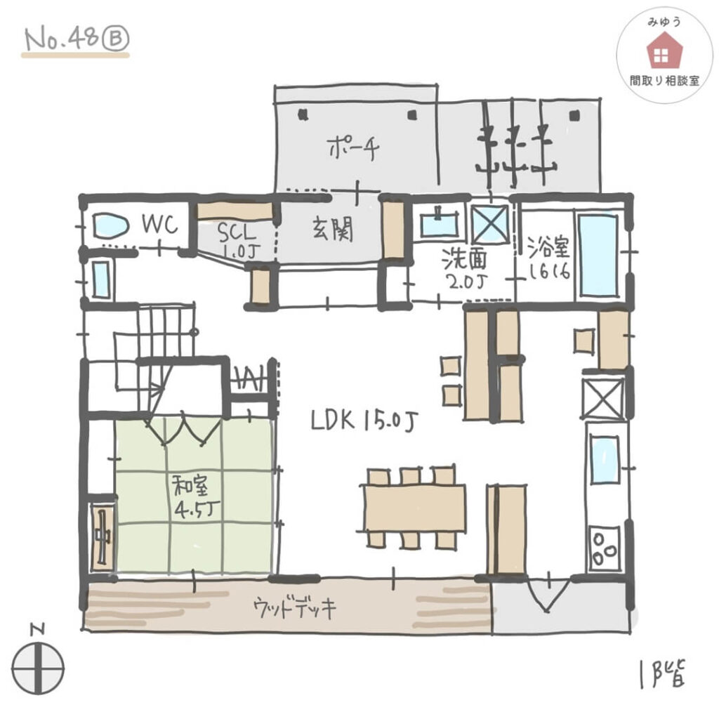 庭に繋がるLDKと和室、ウッドデッキのある間取り【35坪5LDK2階建】No.48B-1階